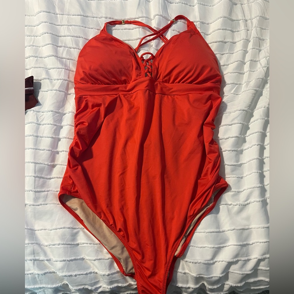 A Pea in the Pod Coral/Red Maternity Swimsuit